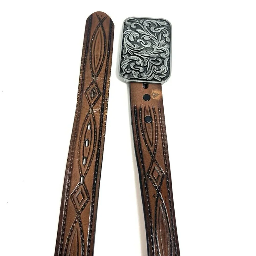 Men’s Western Tooled Top Grain Leather Belt Removable Buckle‎ Sz 38 Made in USA